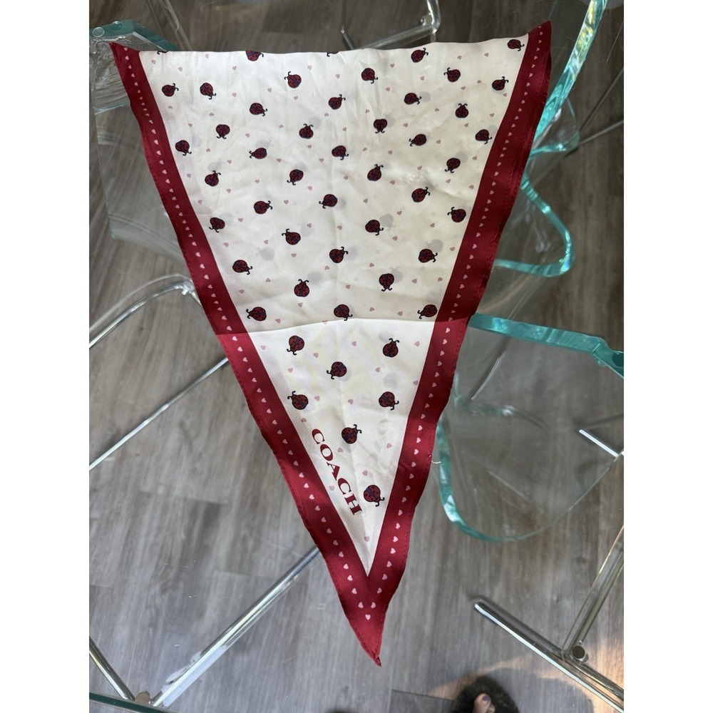 Coach 662 Silk Scarf Ladybug Heart Print Red Chalk Bandana Wrap Tie Lucky 36" - Picture 3 of 4